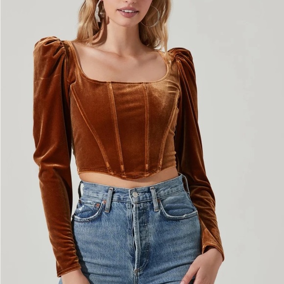 ASTR The Label Ashbury Velvet Corset Long Sleeve Small Gold Top - Picture 3 of 9
